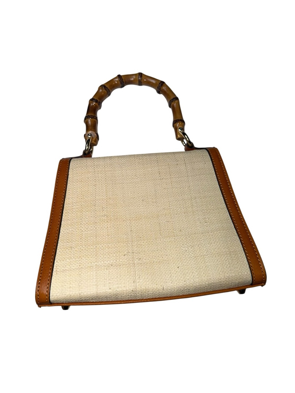 Pratesi Firenze Italy Bamboo Handle Leather Linen Top Handle Satchel Handbag Mad - Picture 8 of 9